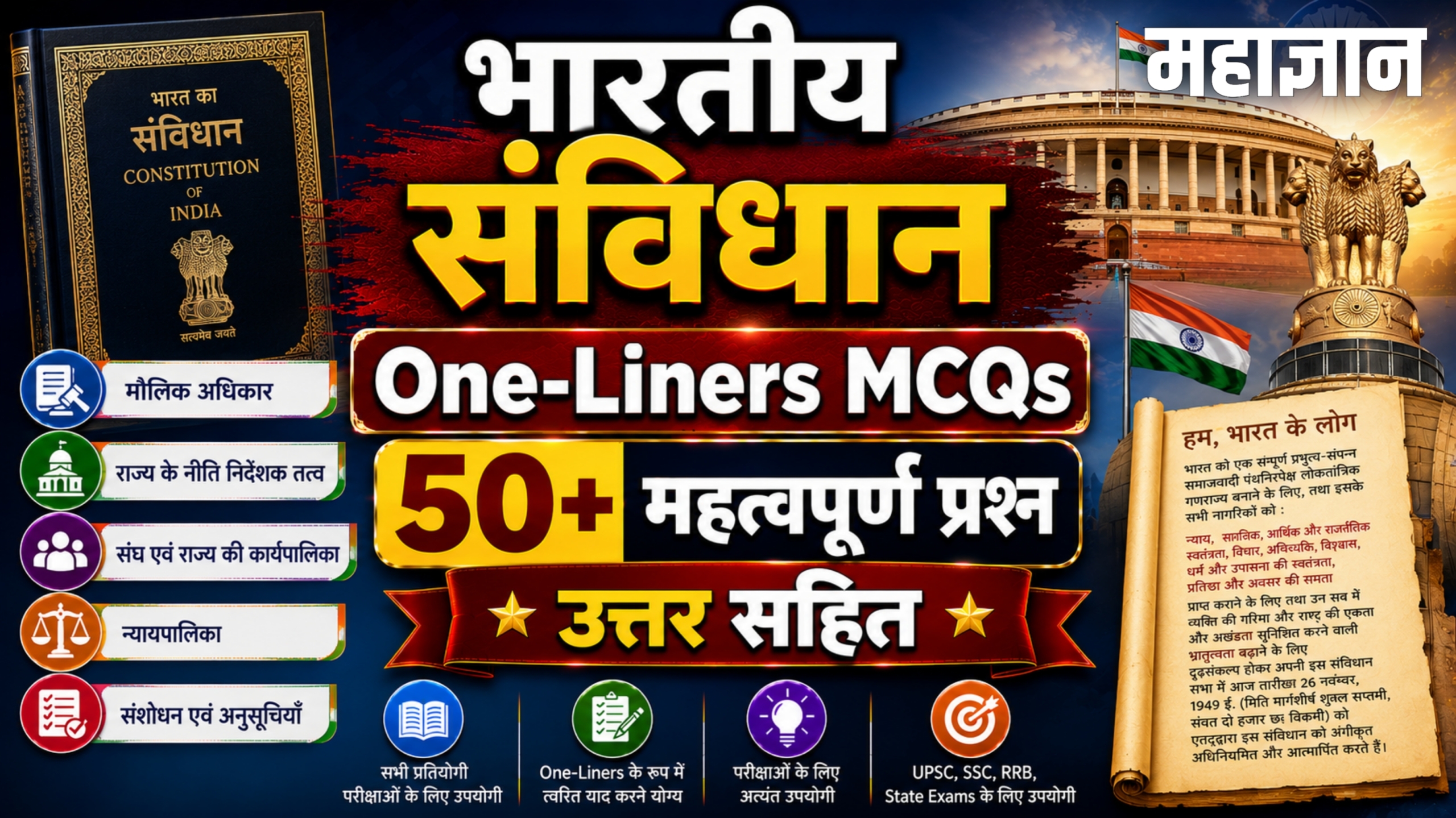 भारतीय संविधान One-Liners MCQs | 50+ महत्वपूर्ण प्रश्न उत्तर सहित